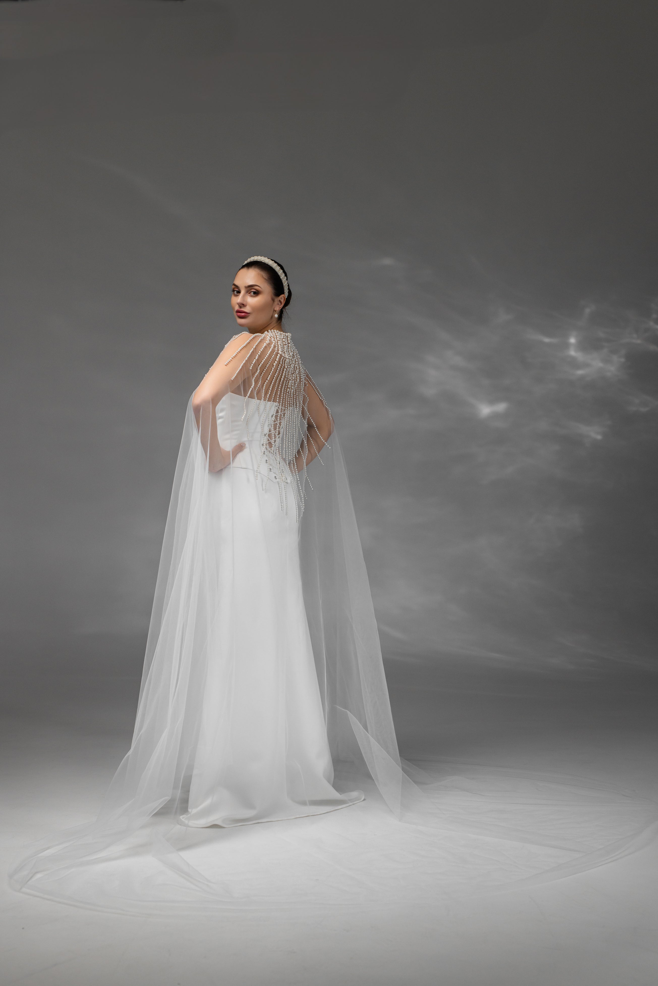 Ivory Floor-Length Bridal Cape with Pearls
