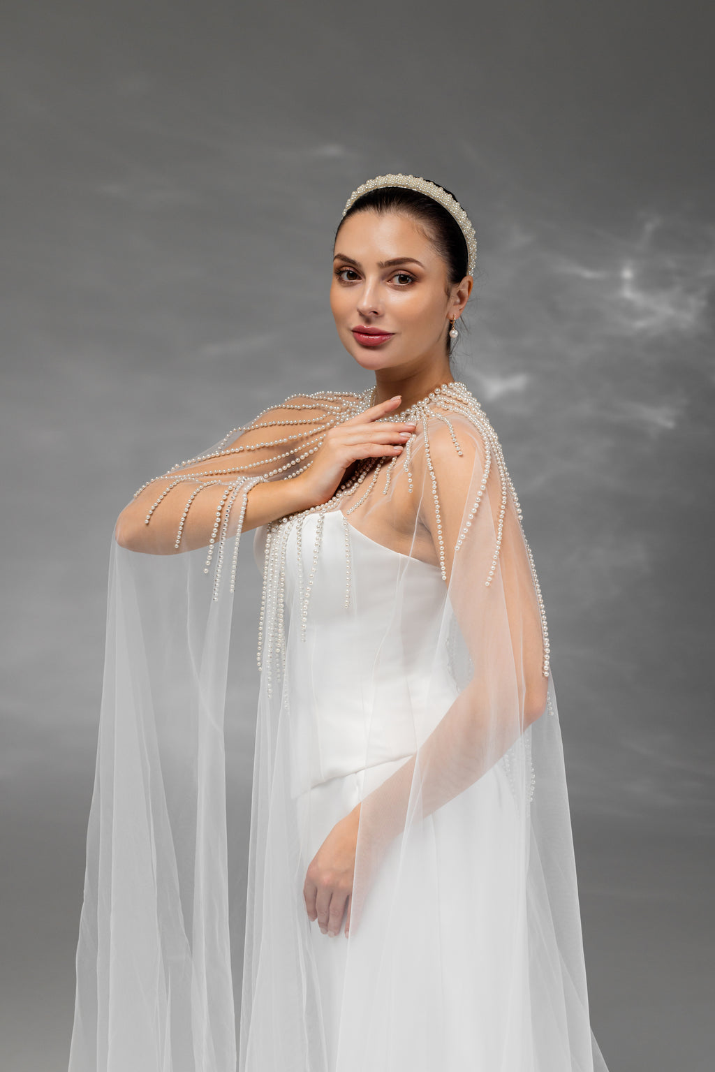 Ivory Floor-Length Bridal Cape with Pearls