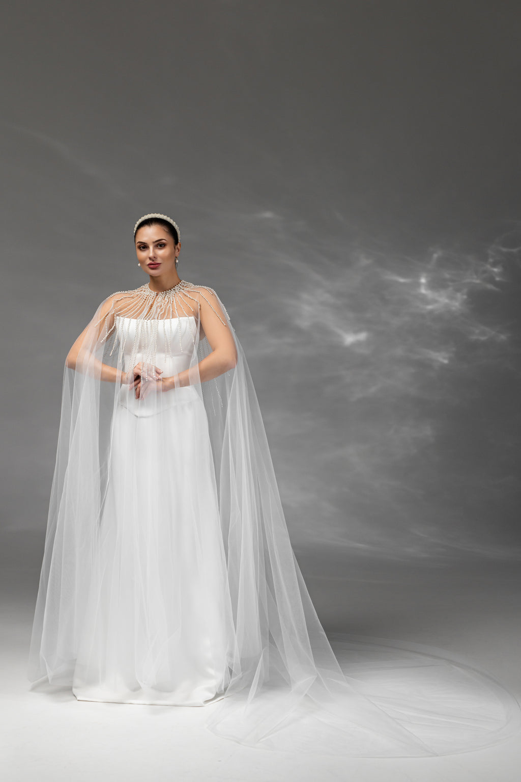 Ivory Floor-Length Bridal Cape with Pearls