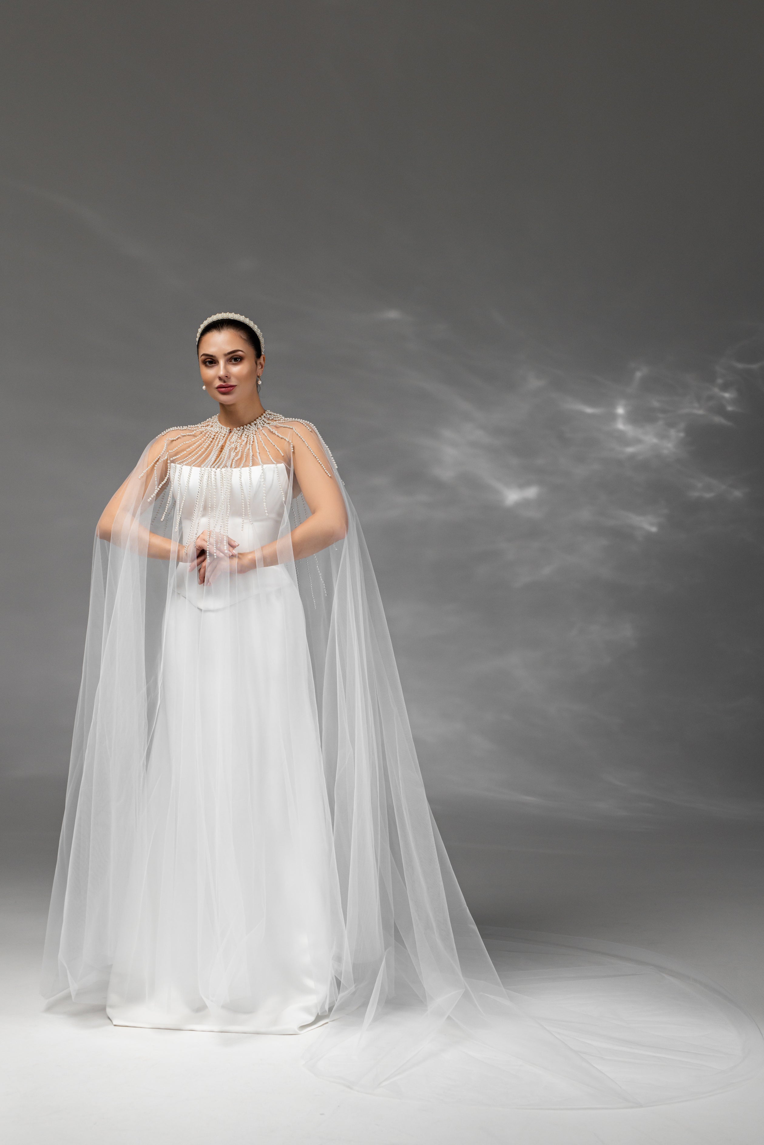 Ivory Floor-Length Bridal Cape with Pearls