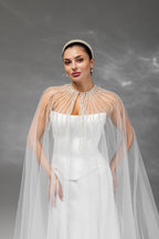 Ivory Floor-Length Bridal Cape with Pearls