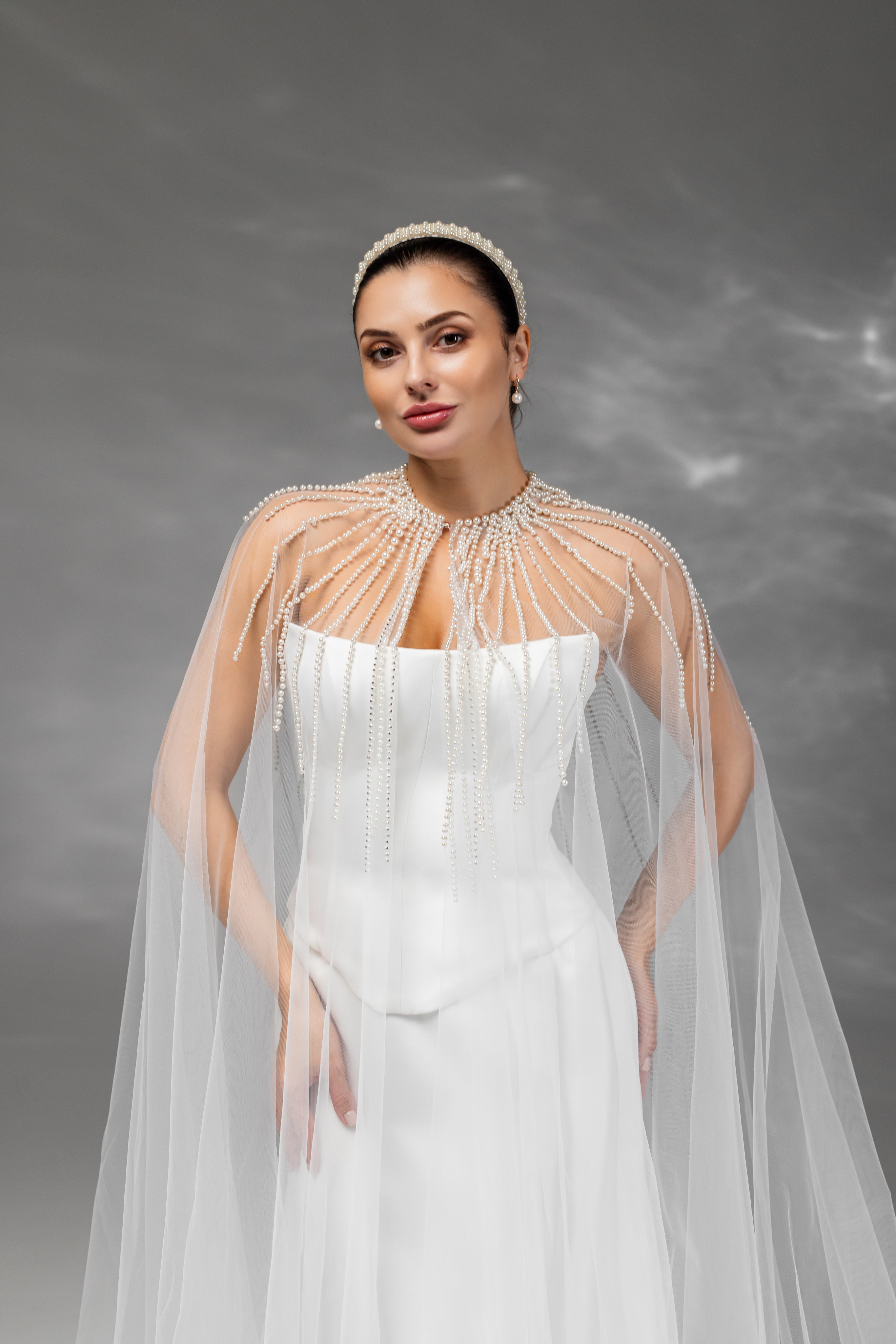 Ivory Floor-Length Bridal Cape with Pearls