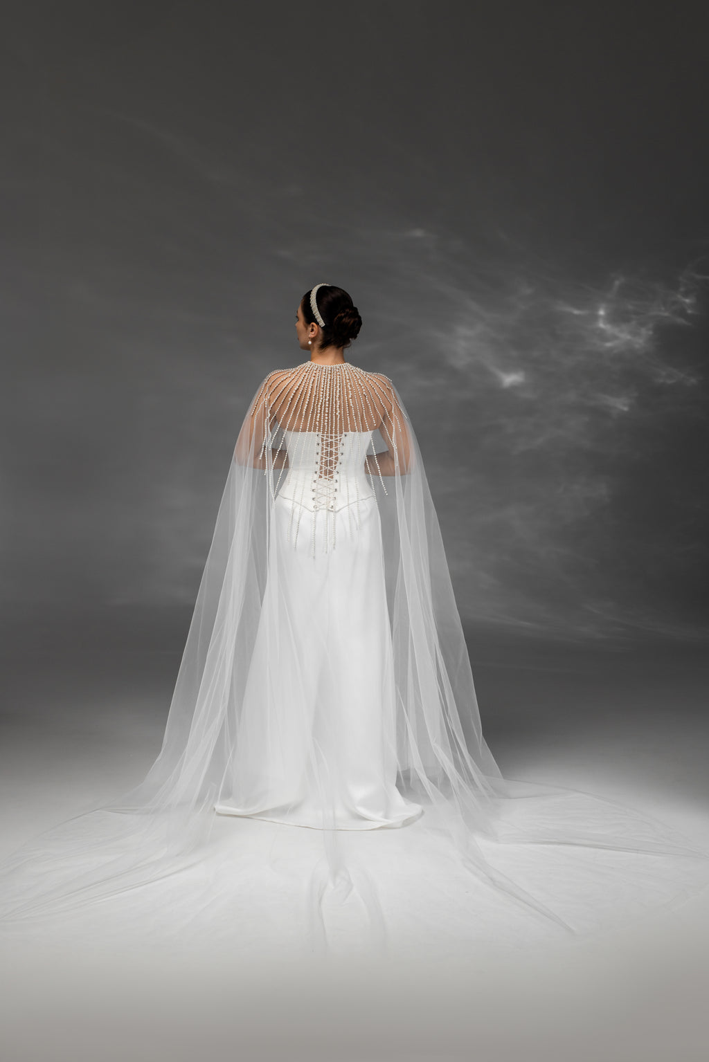 Ivory Floor-Length Bridal Cape with Pearls
