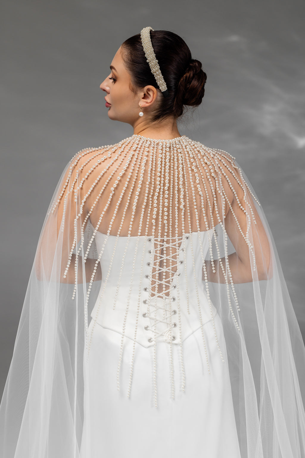 Ivory Floor-Length Bridal Cape with Pearls