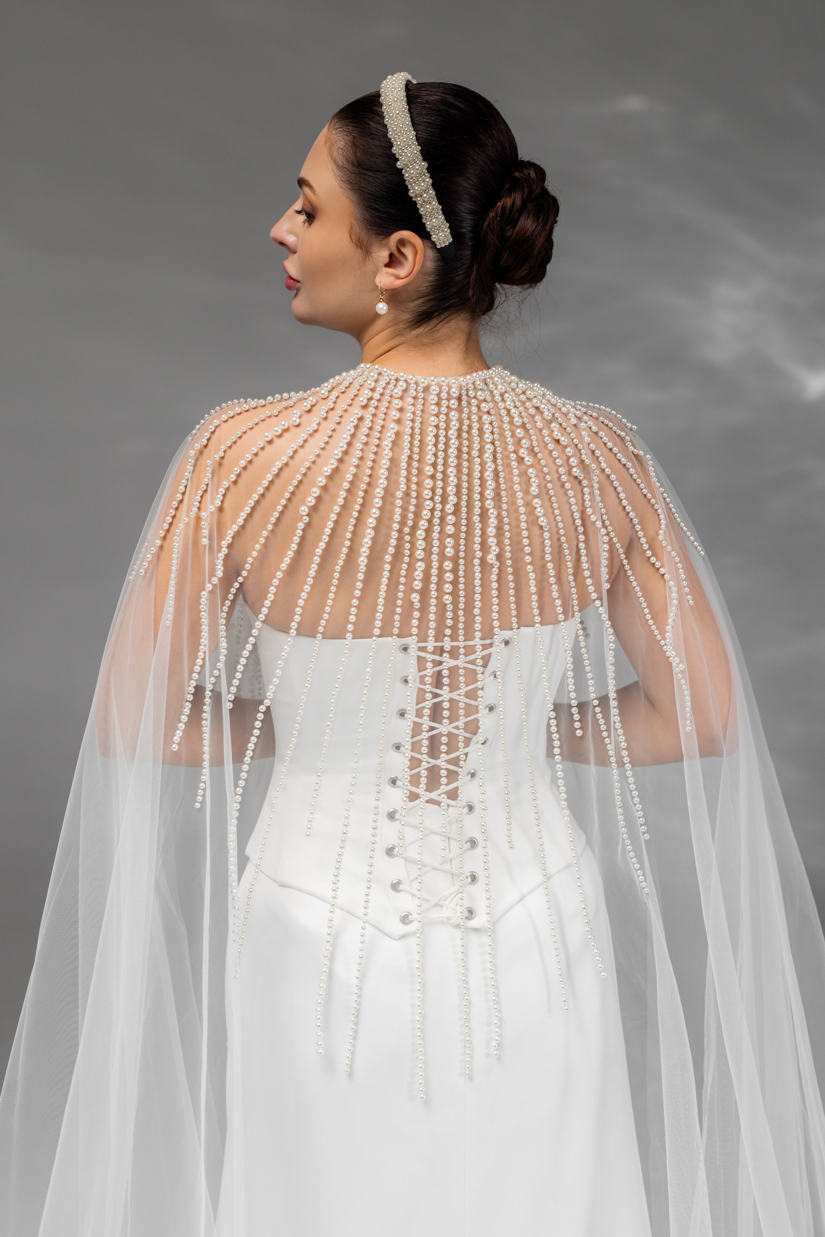 Ivory Floor-Length Bridal Cape with Pearls