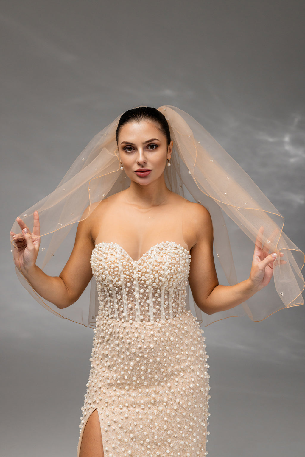 Cappuccino Waist-Length Bridal Veil with Pencil Edge Trim and Pearls