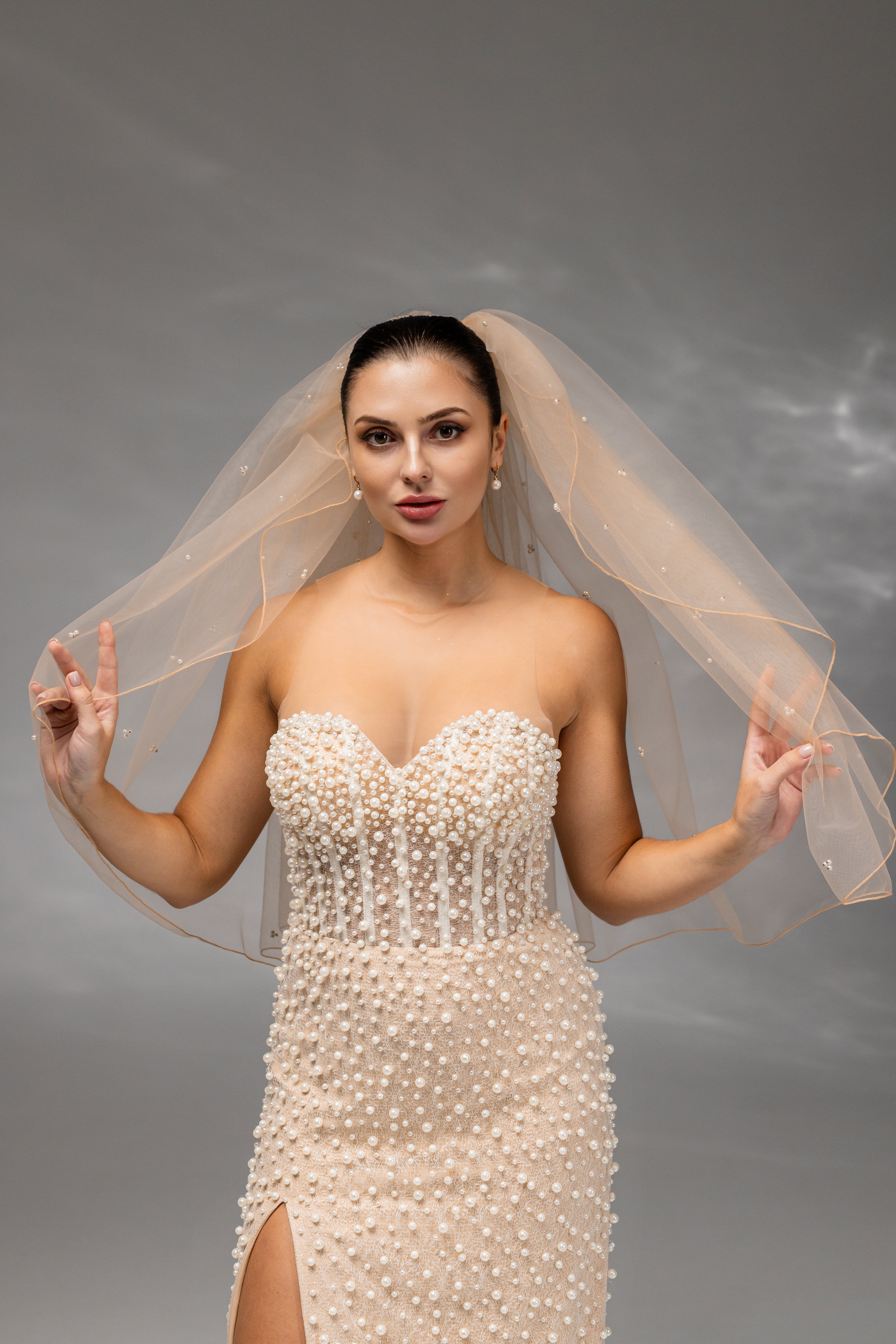 Cappuccino Waist-Length Bridal Veil with Pencil Edge Trim and Pearls