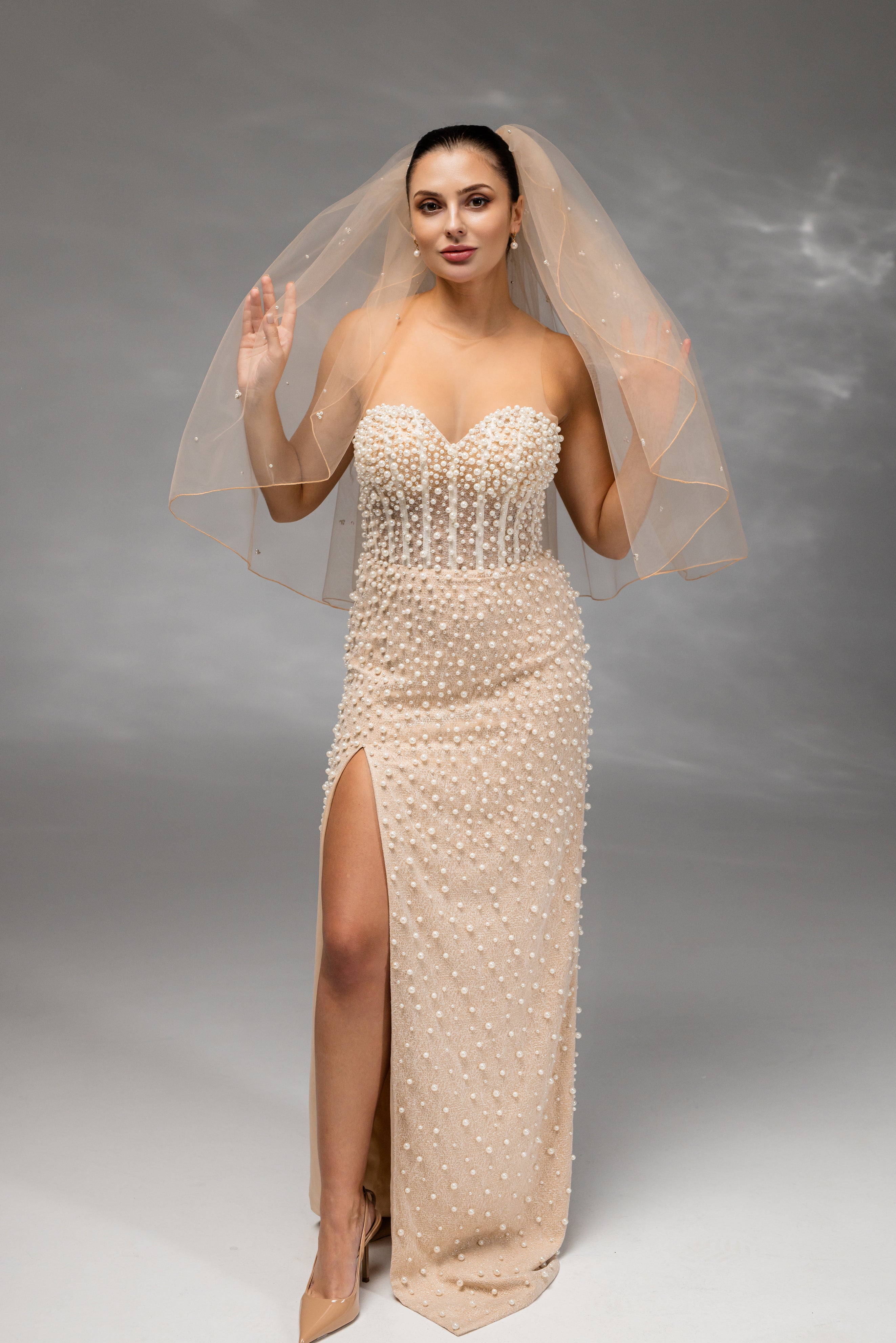 Cappuccino Waist-Length Bridal Veil with Pencil Edge Trim and Pearls