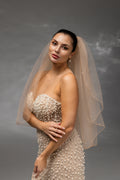 Cappuccino Waist-Length Bridal Veil with Pencil Edge Trim and Pearls