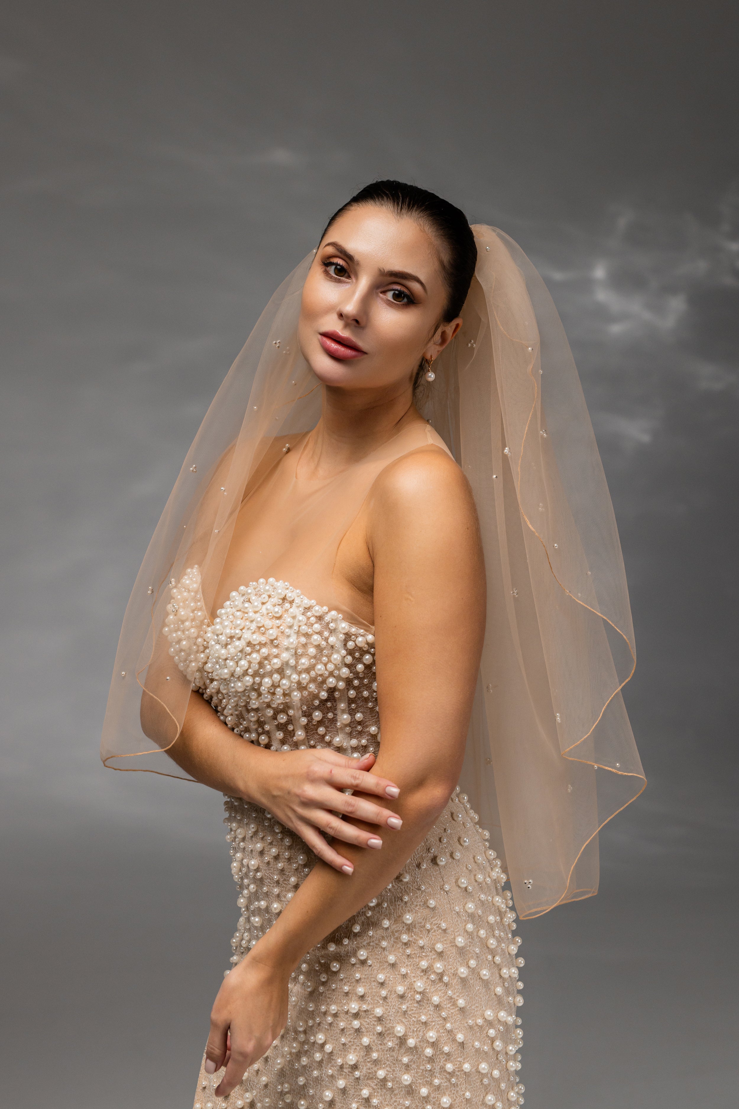 Cappuccino Waist-Length Bridal Veil with Pencil Edge Trim and Pearls