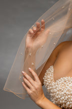Cappuccino Waist-Length Bridal Veil with Pencil Edge Trim and Pearls