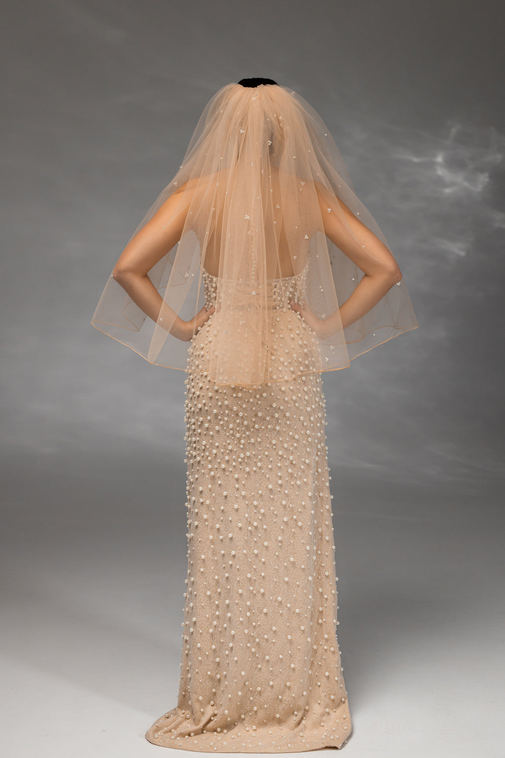 Cappuccino Waist-Length Bridal Veil with Pencil Edge Trim and Pearls