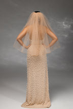 Cappuccino Waist-Length Bridal Veil with Pencil Edge Trim and Pearls
