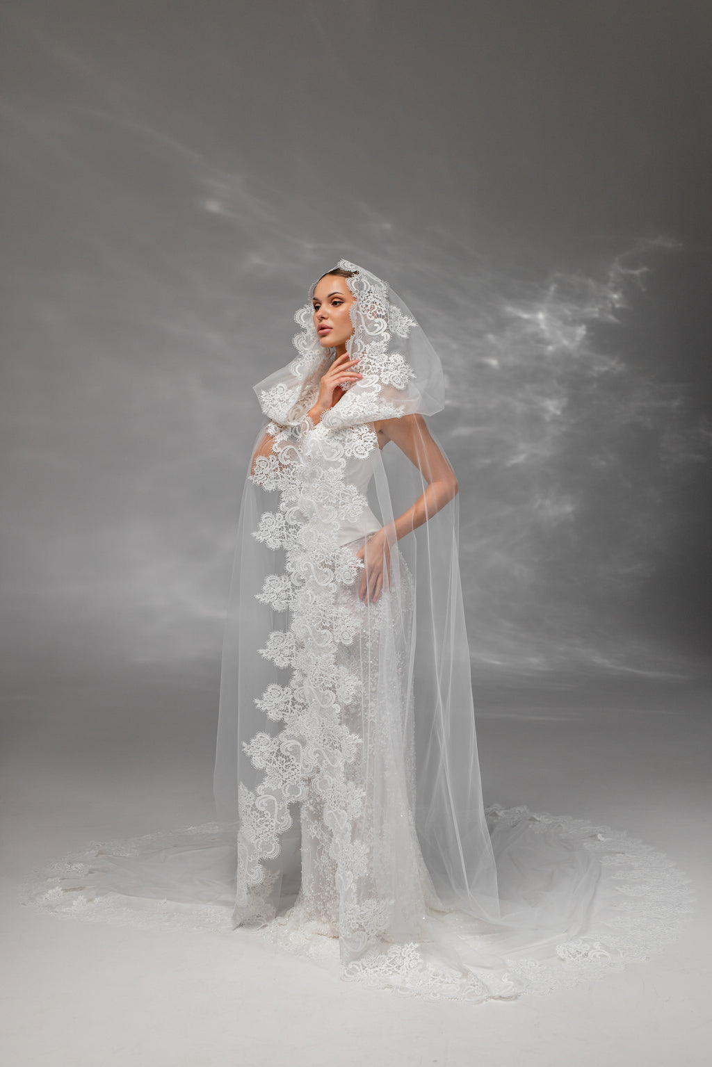 Cathedral-Length Bridal Hood with Macramé Lace