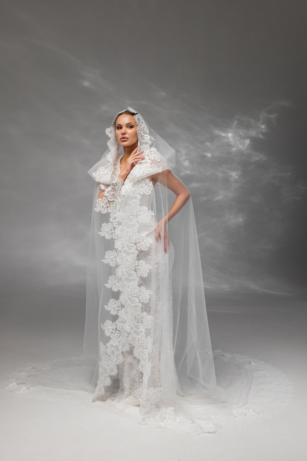 Cathedral-Length Bridal Hood with Macramé Lace
