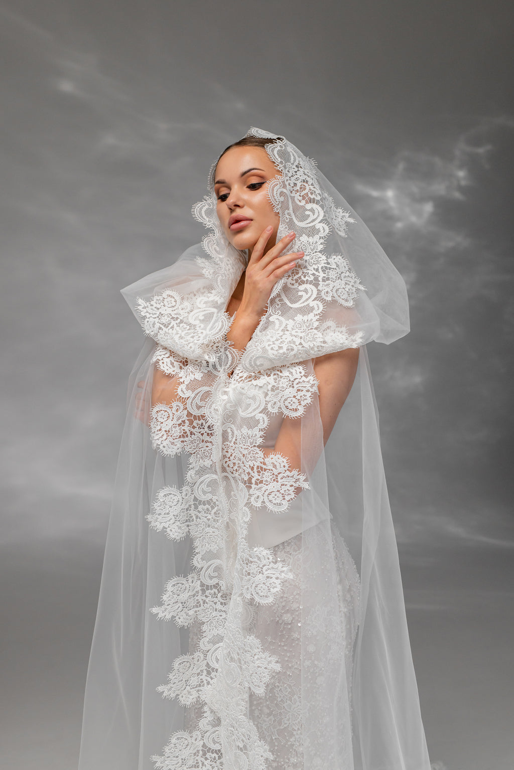 Cathedral-Length Bridal Hood with Macramé Lace