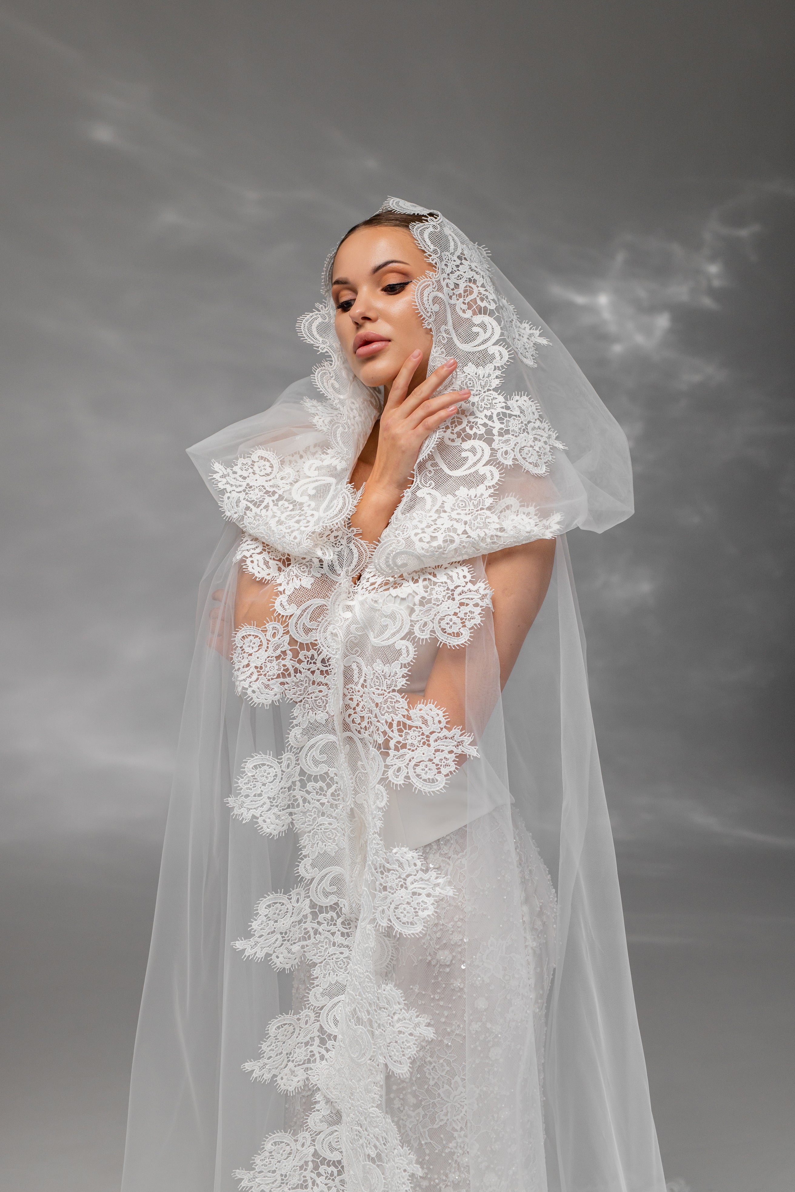 Cathedral-Length Bridal Hood with Macramé Lace