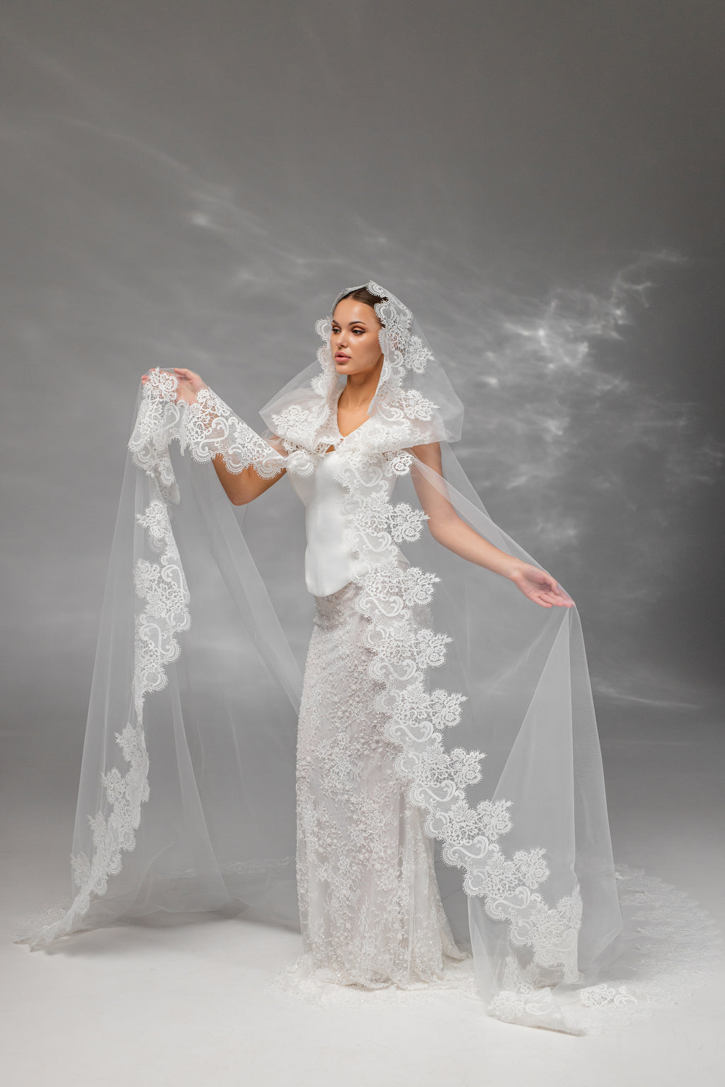 Cathedral-Length Bridal Hood with Macramé Lace