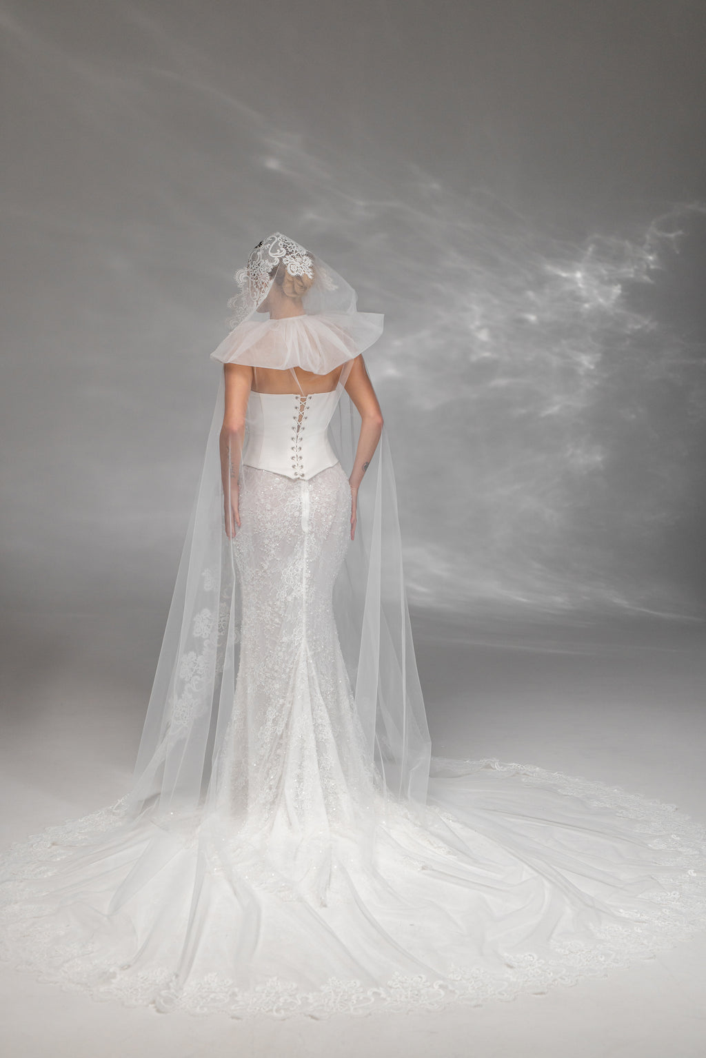 Cathedral-Length Bridal Hood with Macramé Lace