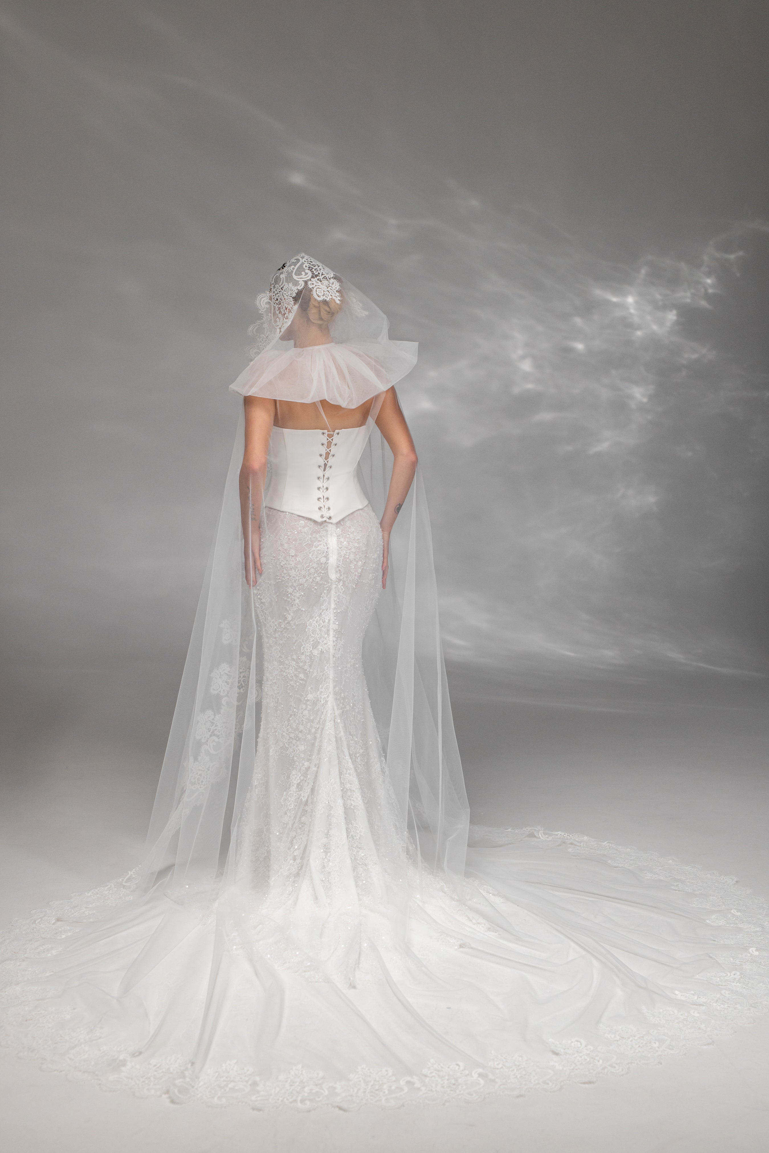 Cathedral-Length Bridal Hood with Macramé Lace
