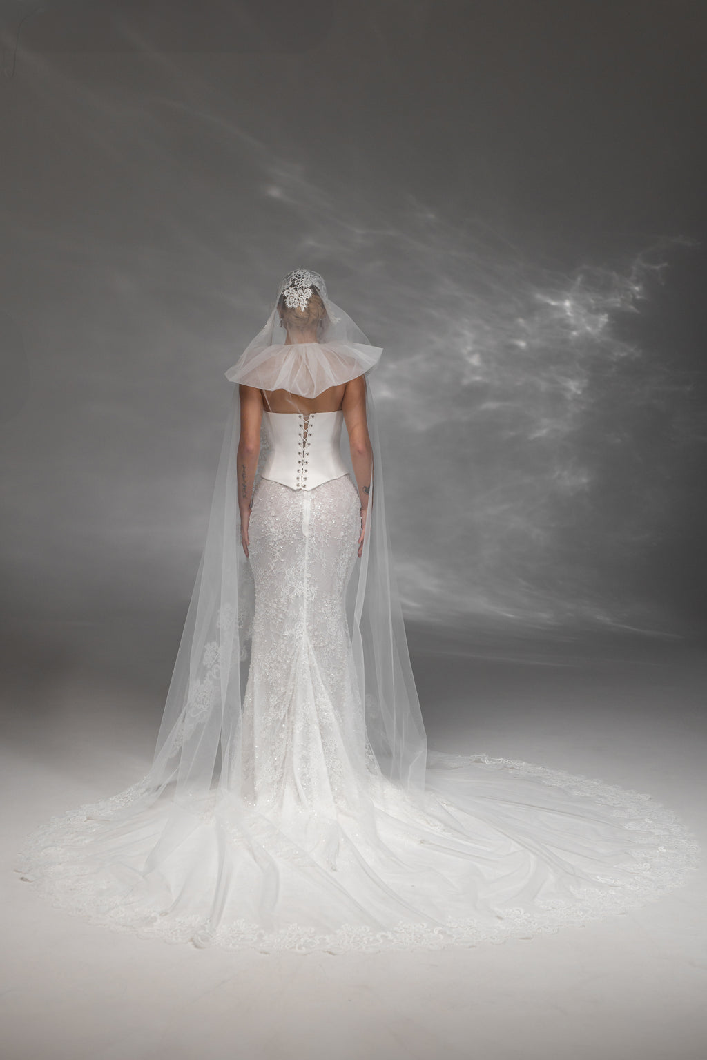 Cathedral-Length Bridal Hood with Macramé Lace