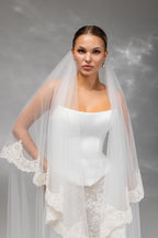 Ivory Floor-Length Two-Tier Bridal Veil with Embroidered Lace