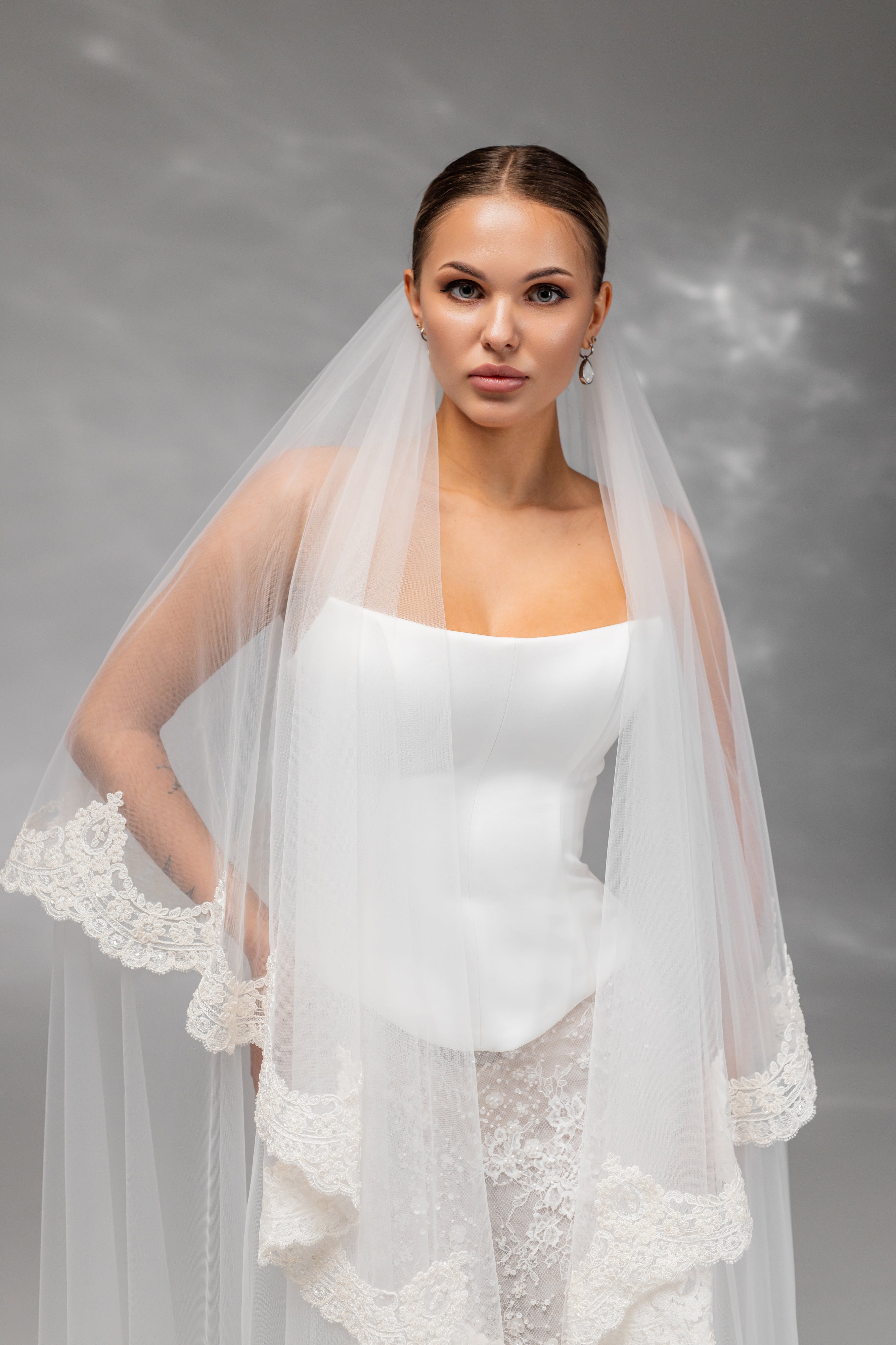 Ivory Floor-Length Two-Tier Bridal Veil with Embroidered Lace
