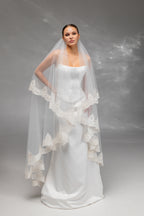 Ivory Floor-Length Two-Tier Bridal Veil with Embroidered Lace