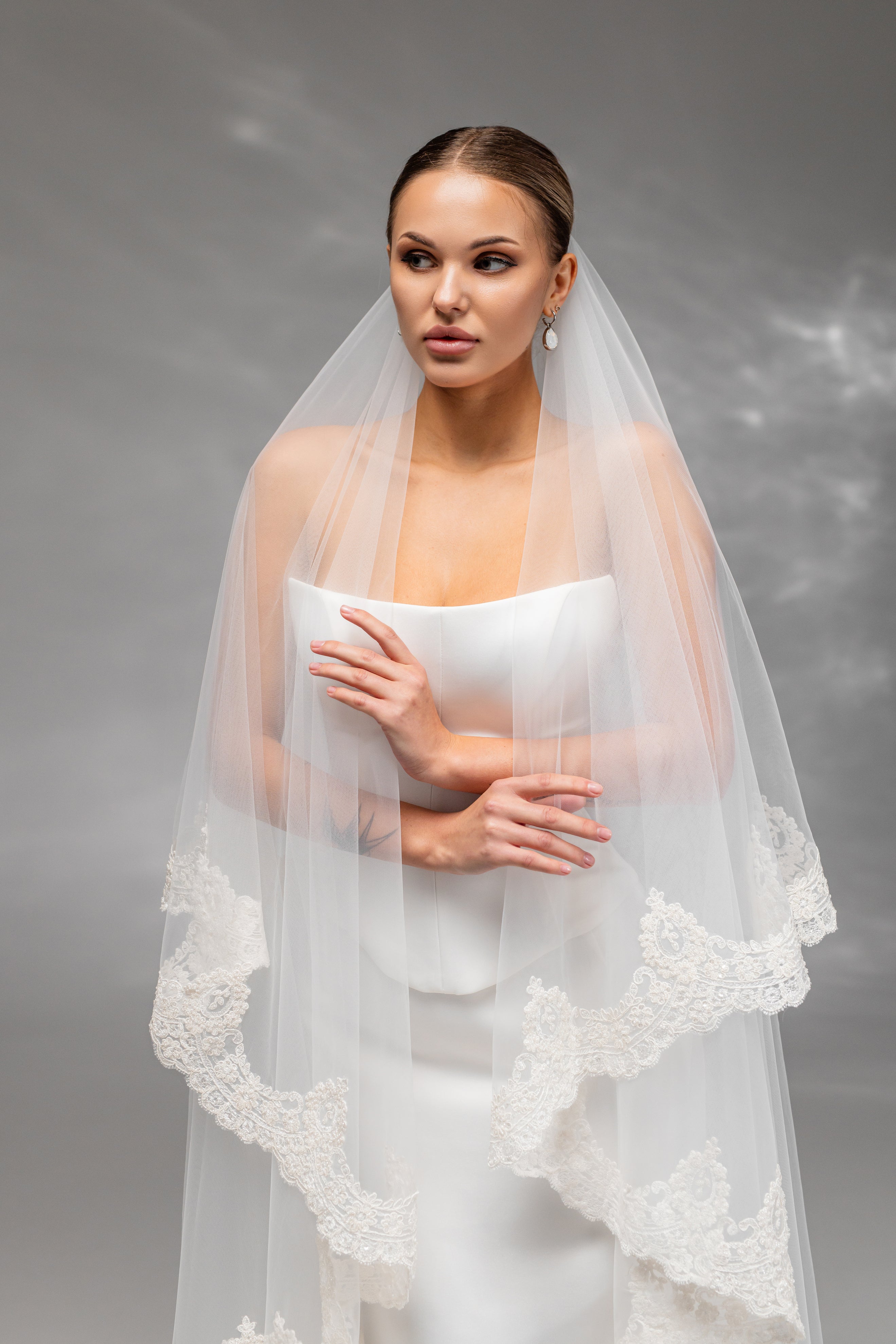 Ivory Floor-Length Two-Tier Bridal Veil with Embroidered Lace
