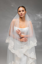 Ivory Floor-Length Two-Tier Bridal Veil with Embroidered Lace