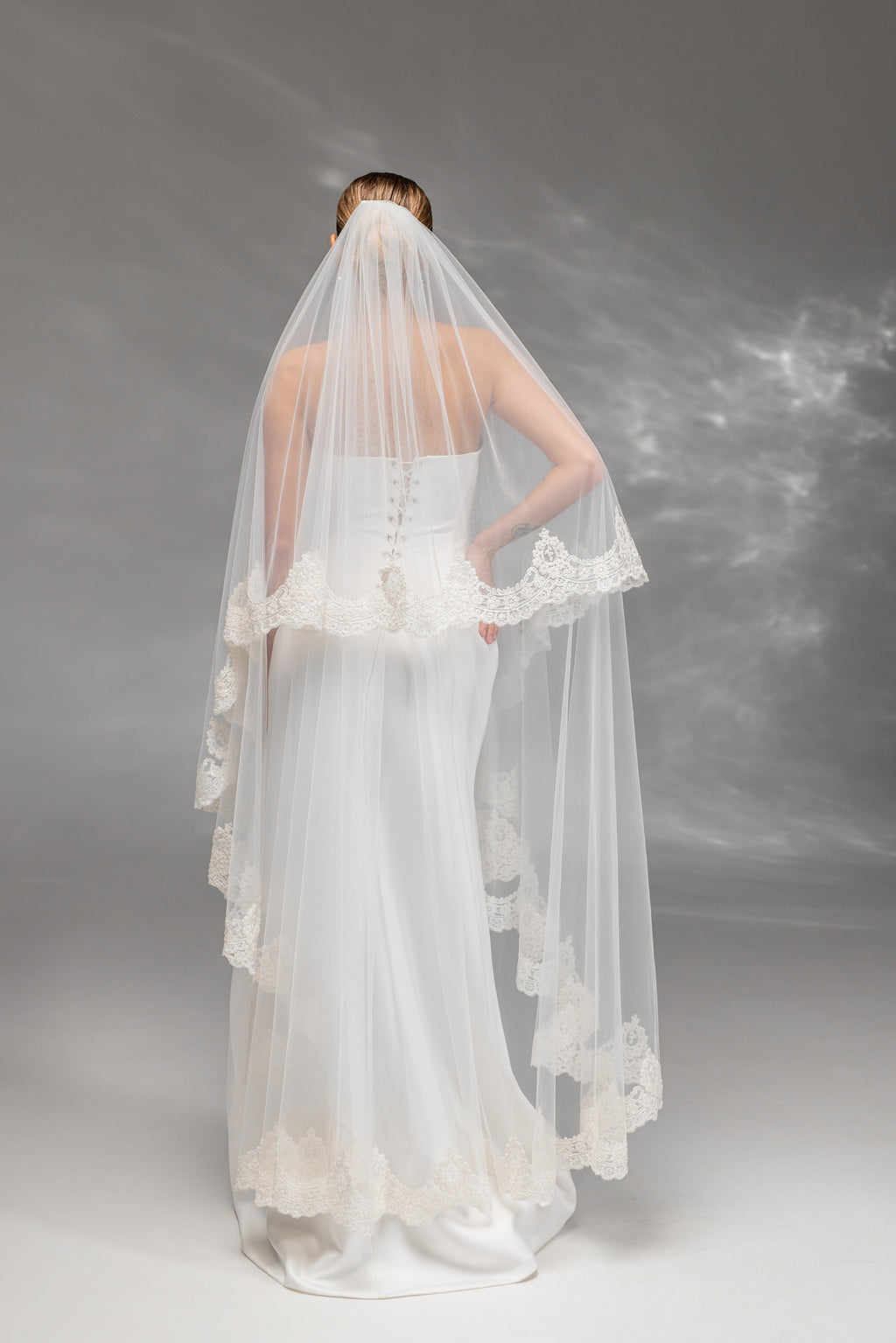 Ivory Floor-Length Two-Tier Bridal Veil with Embroidered Lace
