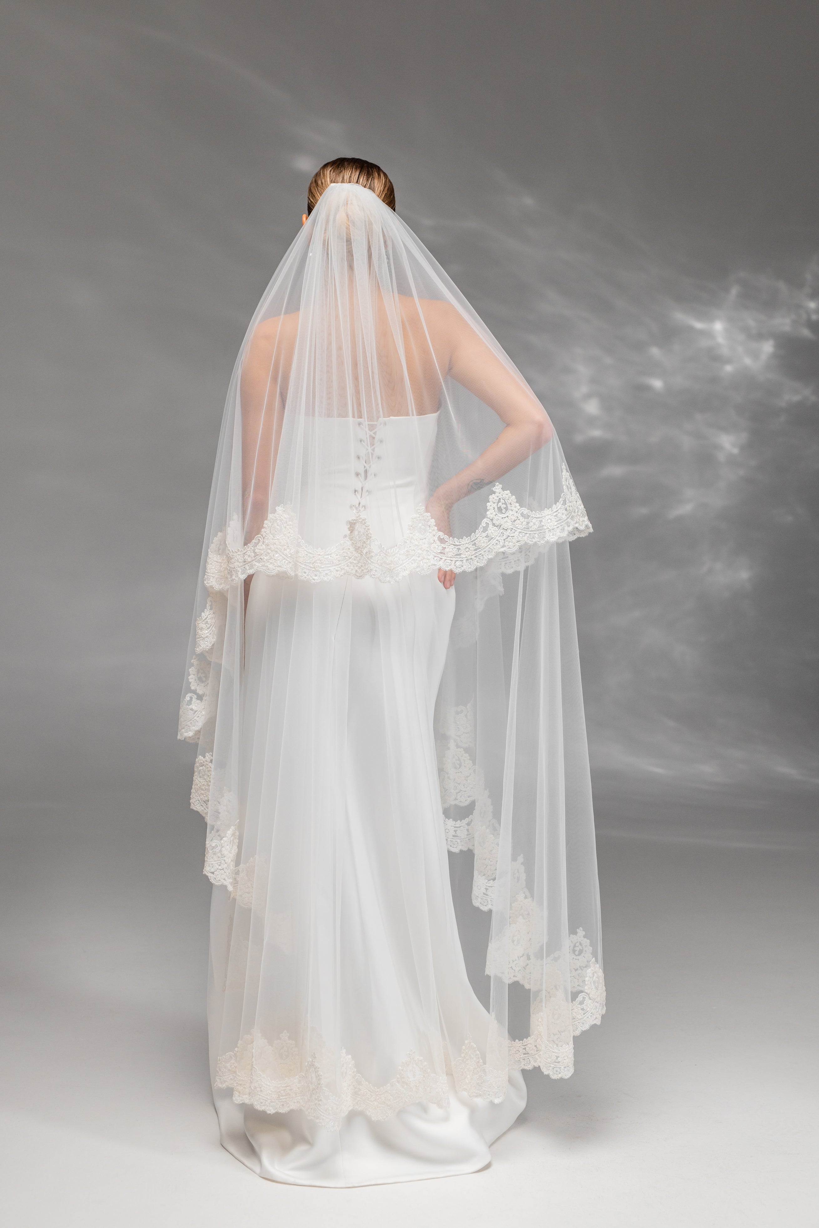 Ivory Floor-Length Two-Tier Bridal Veil with Embroidered Lace