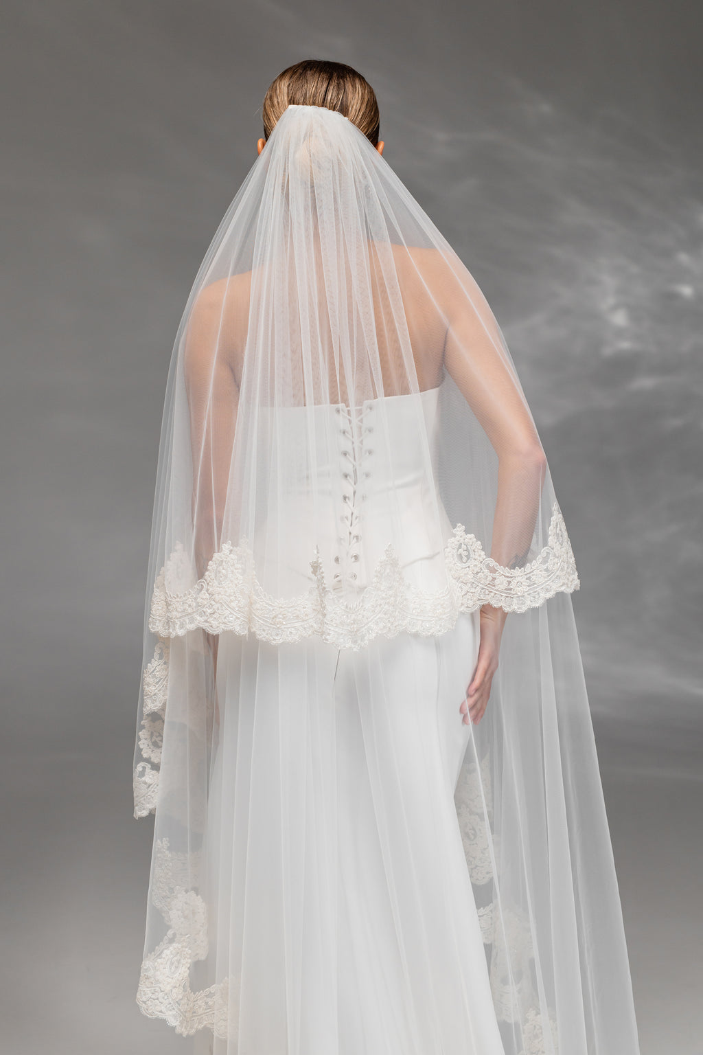 Ivory Floor-Length Two-Tier Bridal Veil with Embroidered Lace