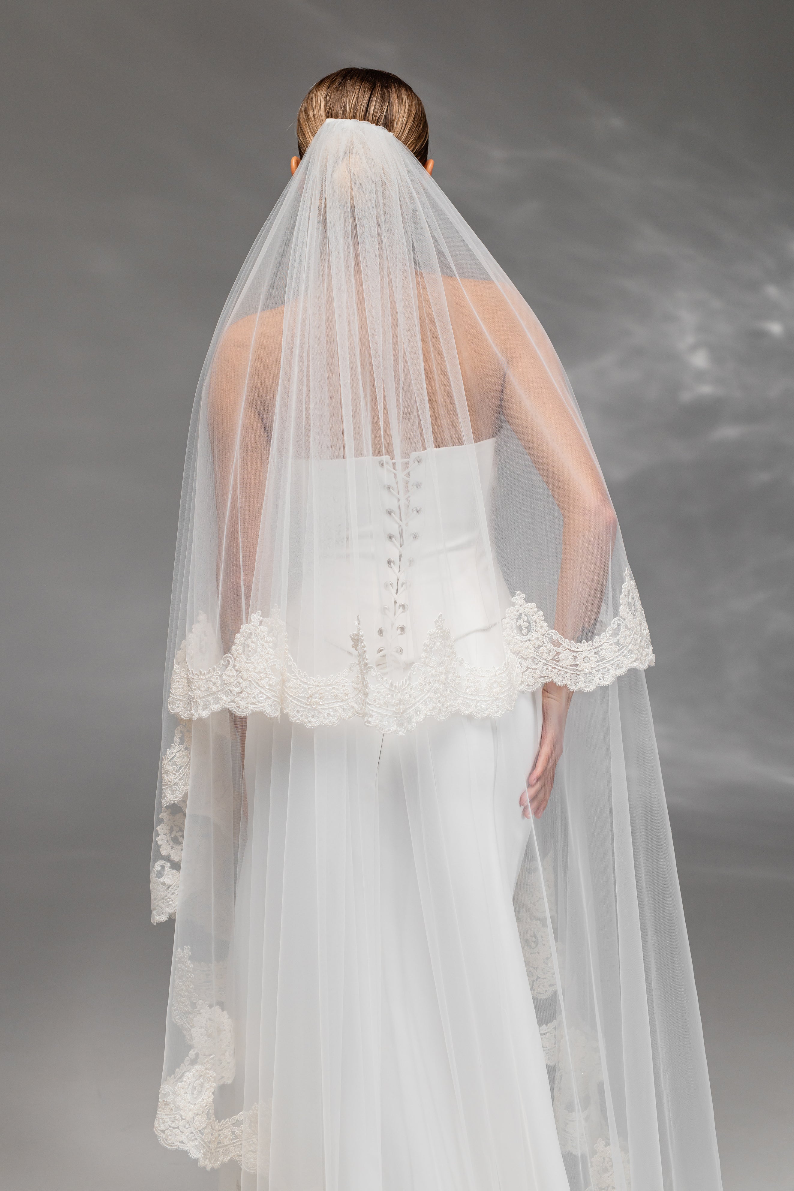 Ivory Floor-Length Two-Tier Bridal Veil with Embroidered Lace