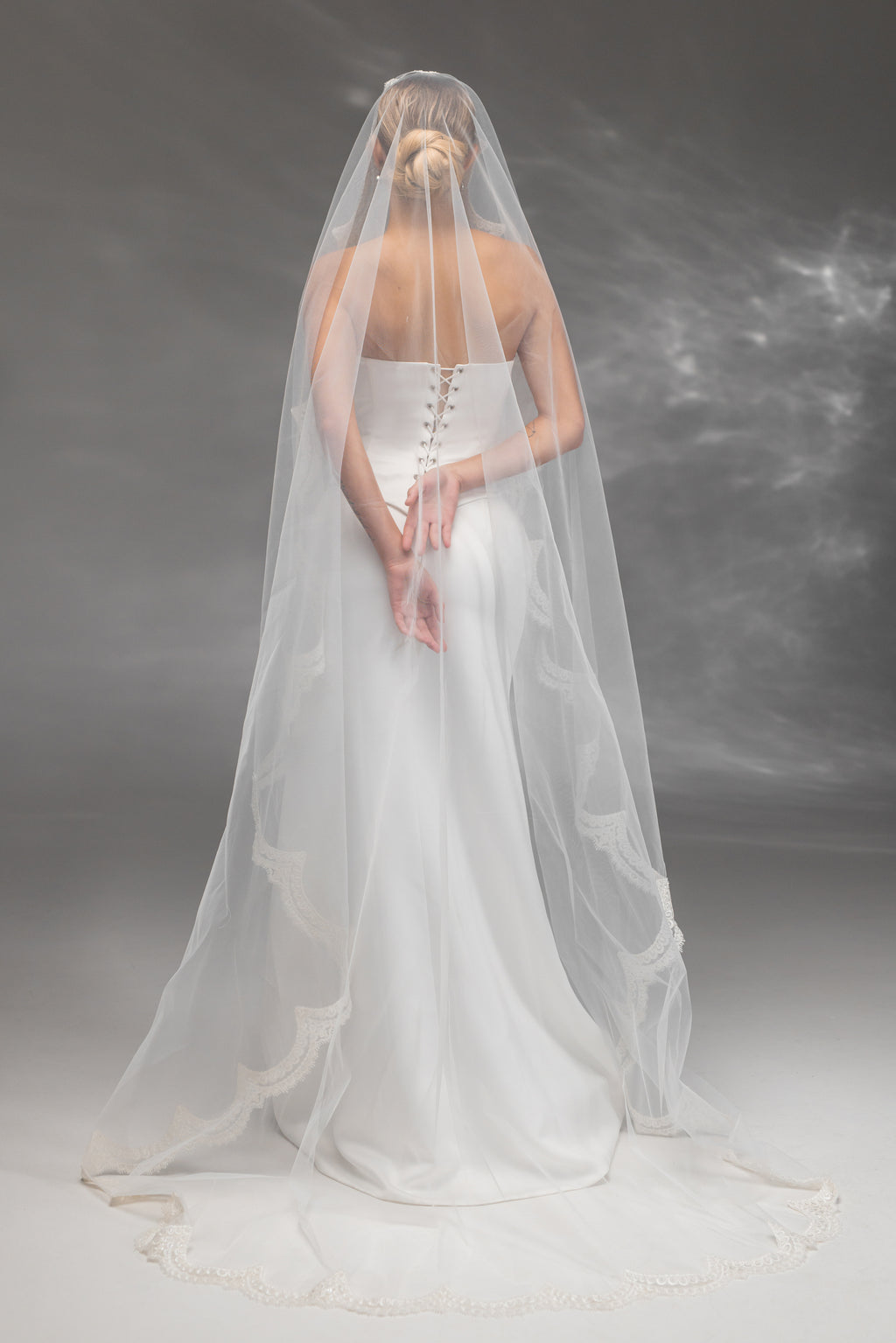 Handmade Bridal Veil with Embroidered Lace in Cream-Ivory