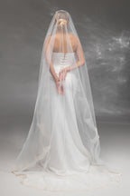 Handmade Bridal Veil with Embroidered Lace in Cream-Ivory