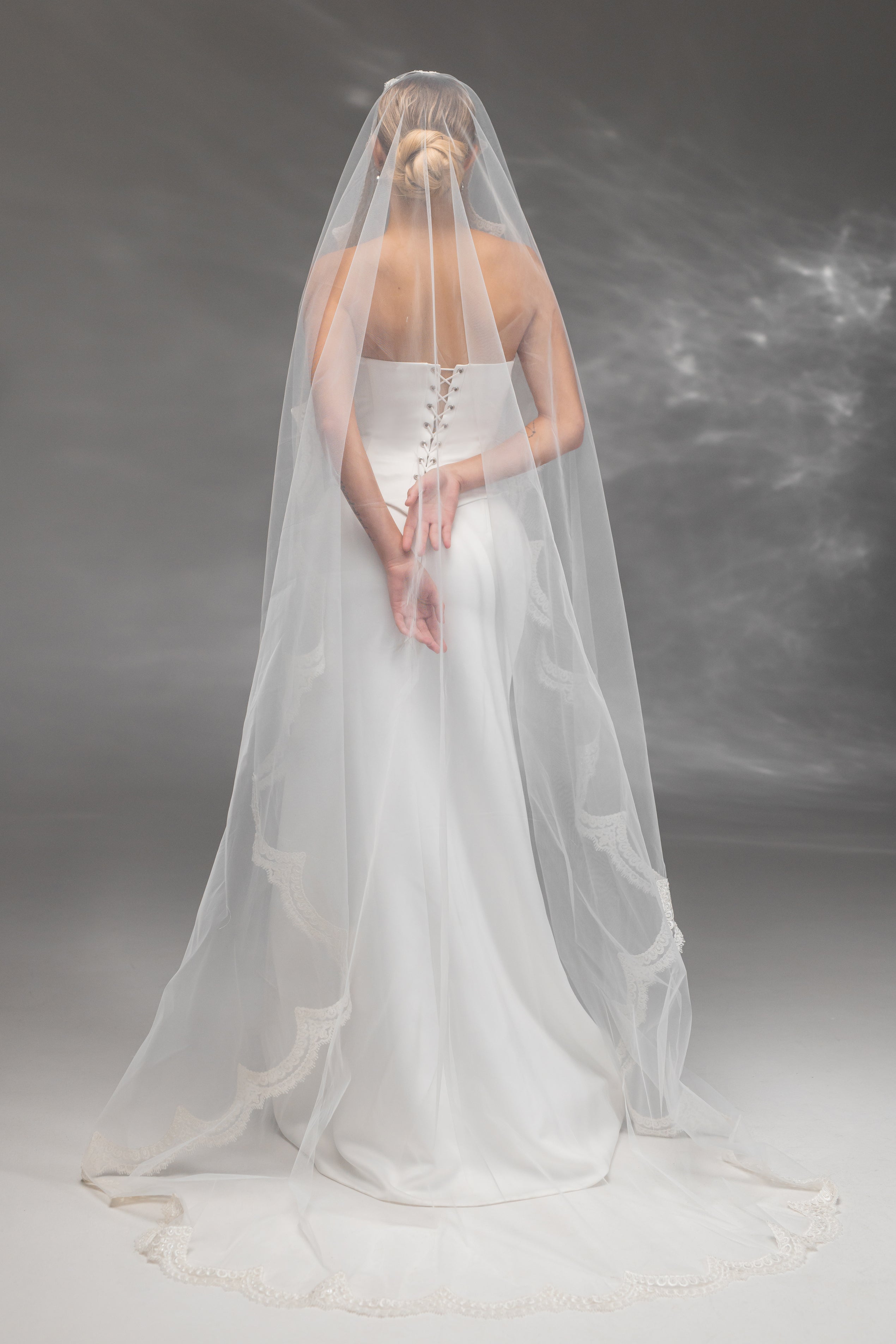 Handmade Bridal Veil with Embroidered Lace in Cream-Ivory
