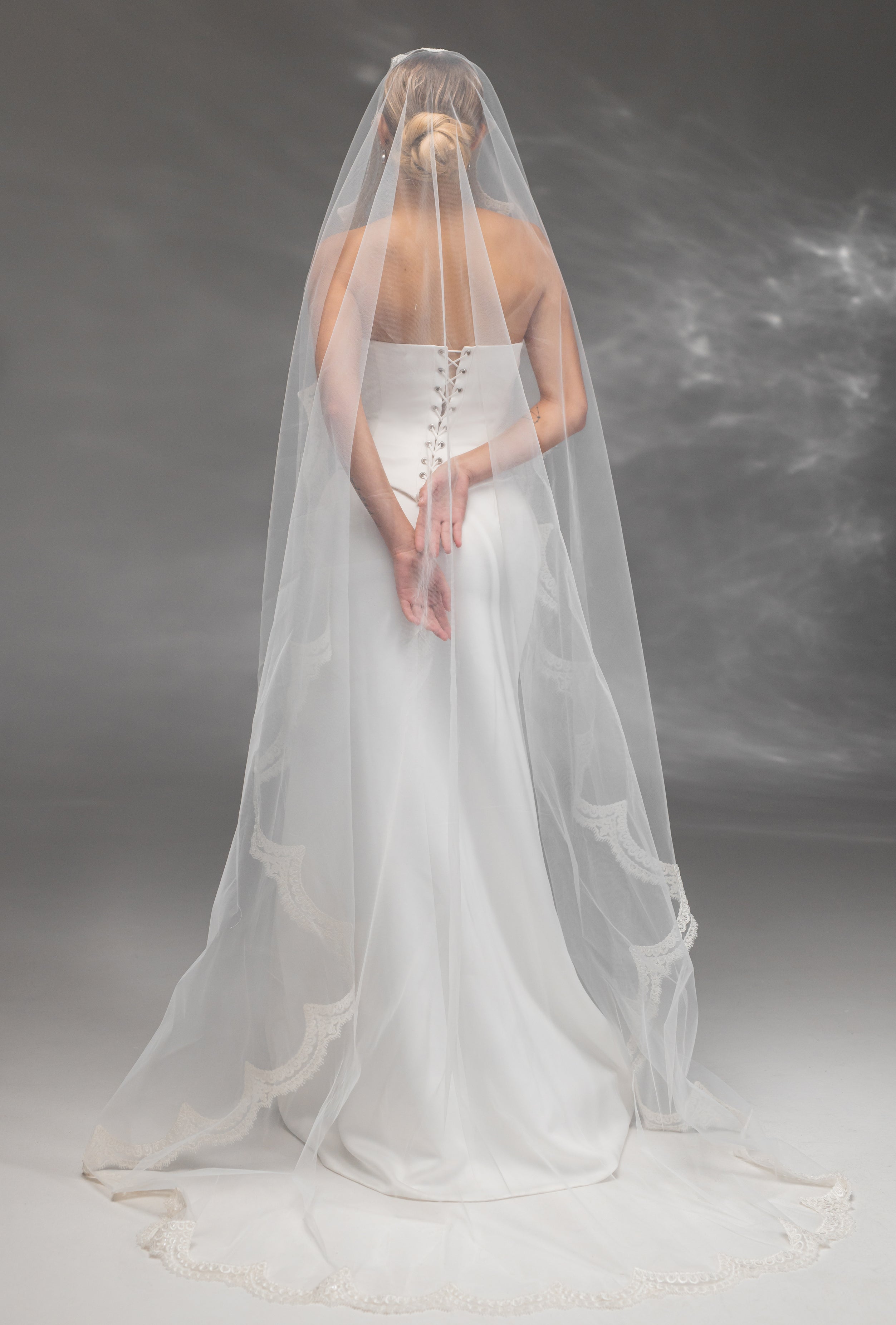 Handmade Bridal Veil with Embroidered Lace in Cream-Ivory