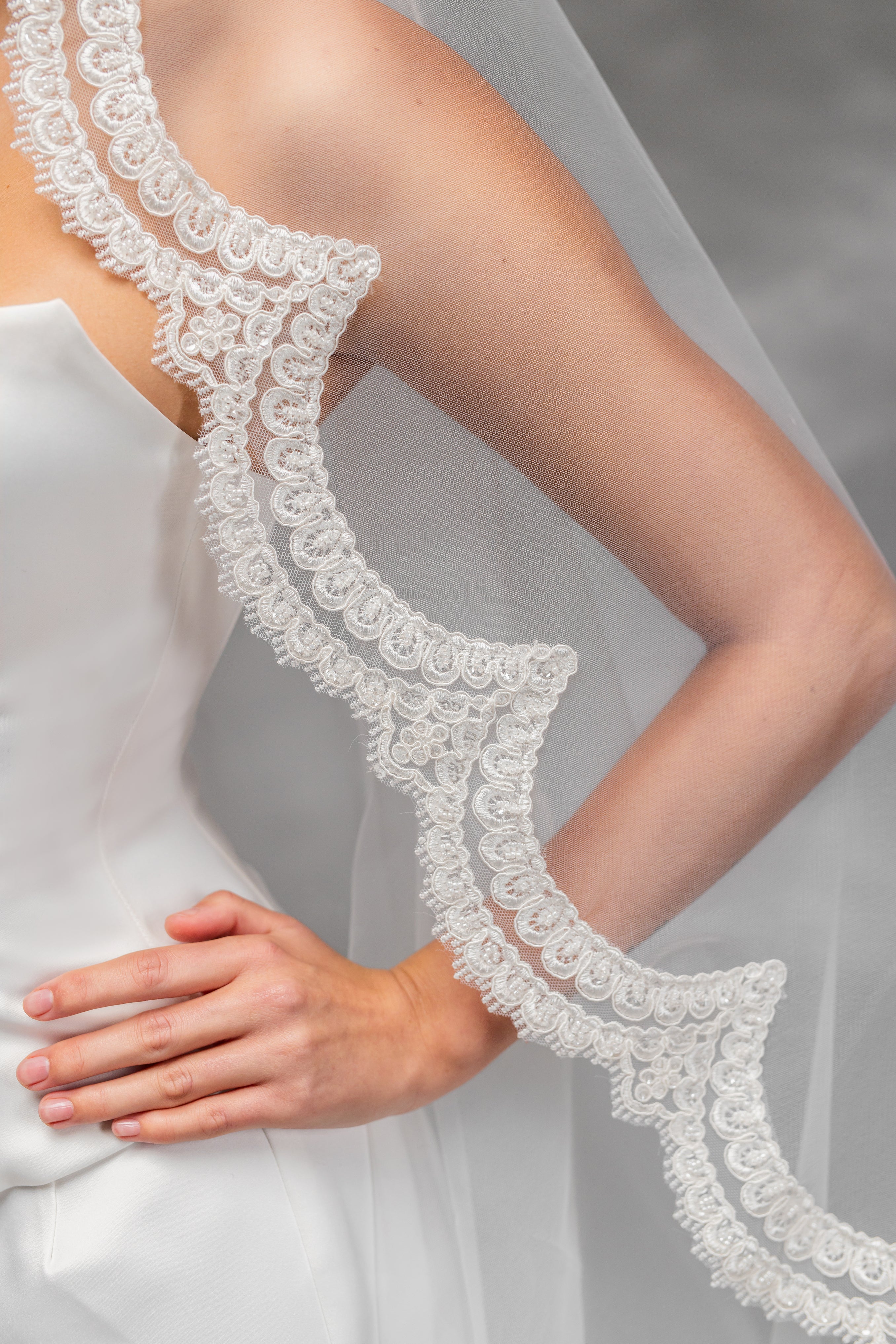Handmade Bridal Veil with Embroidered Lace in Cream-Ivory