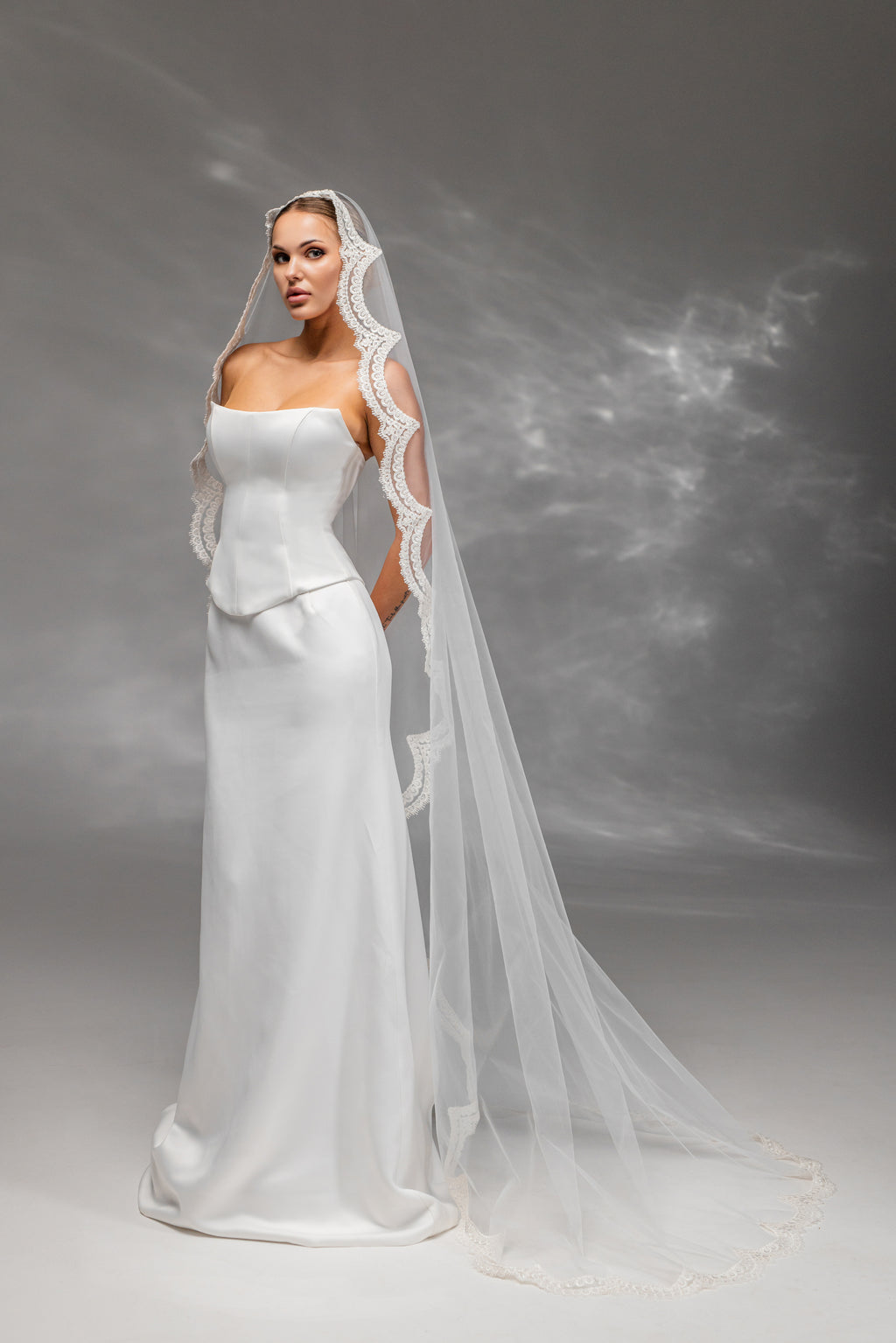Handmade Bridal Veil with Embroidered Lace in Cream-Ivory