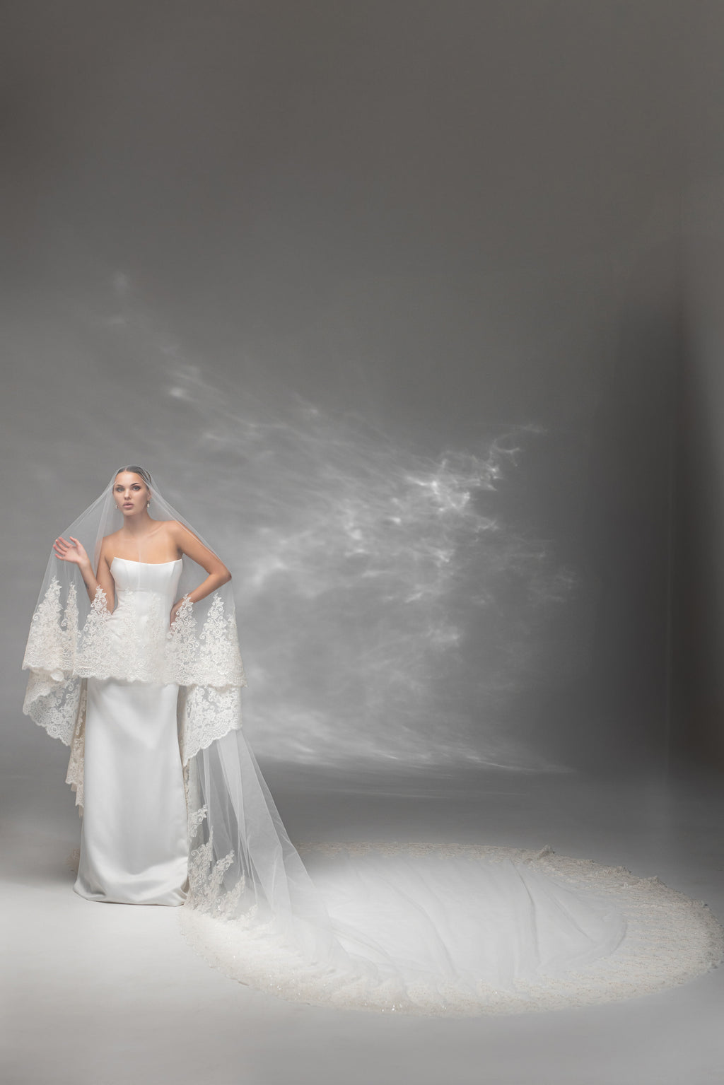 Soft Floor-Length Bridal Veil with Embroidered Lace