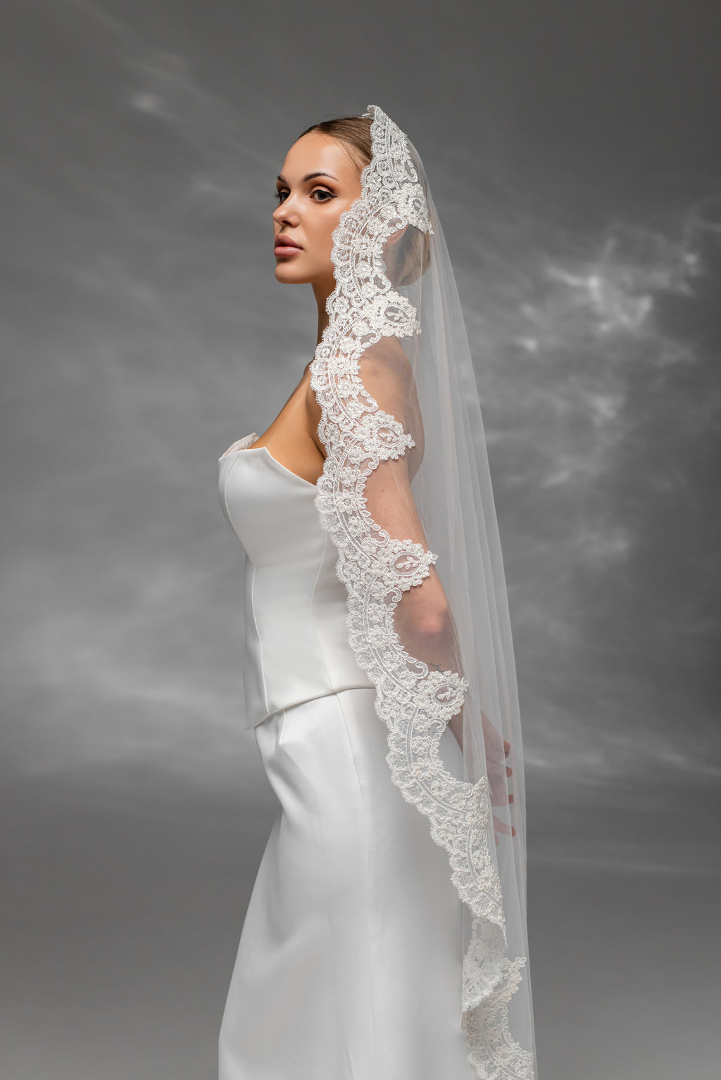 Soft Floor-Length Bridal Veil with Embroidered Lace