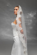 Soft Floor-Length Bridal Veil with Embroidered Lace