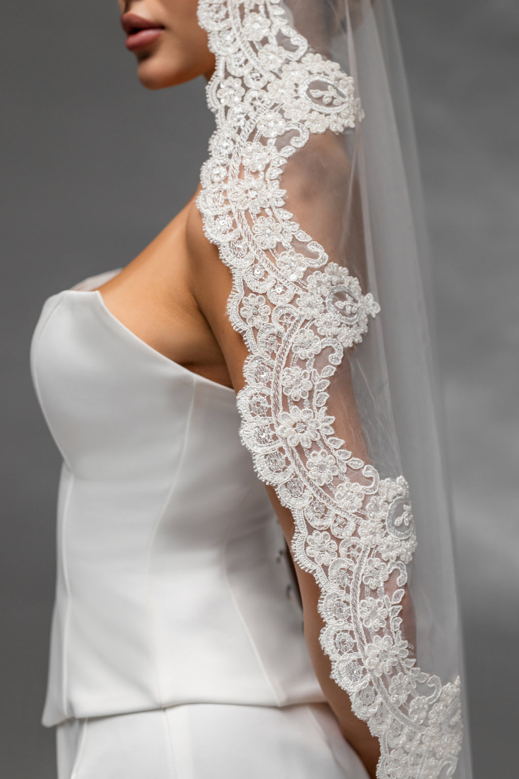 Soft Floor-Length Bridal Veil with Embroidered Lace
