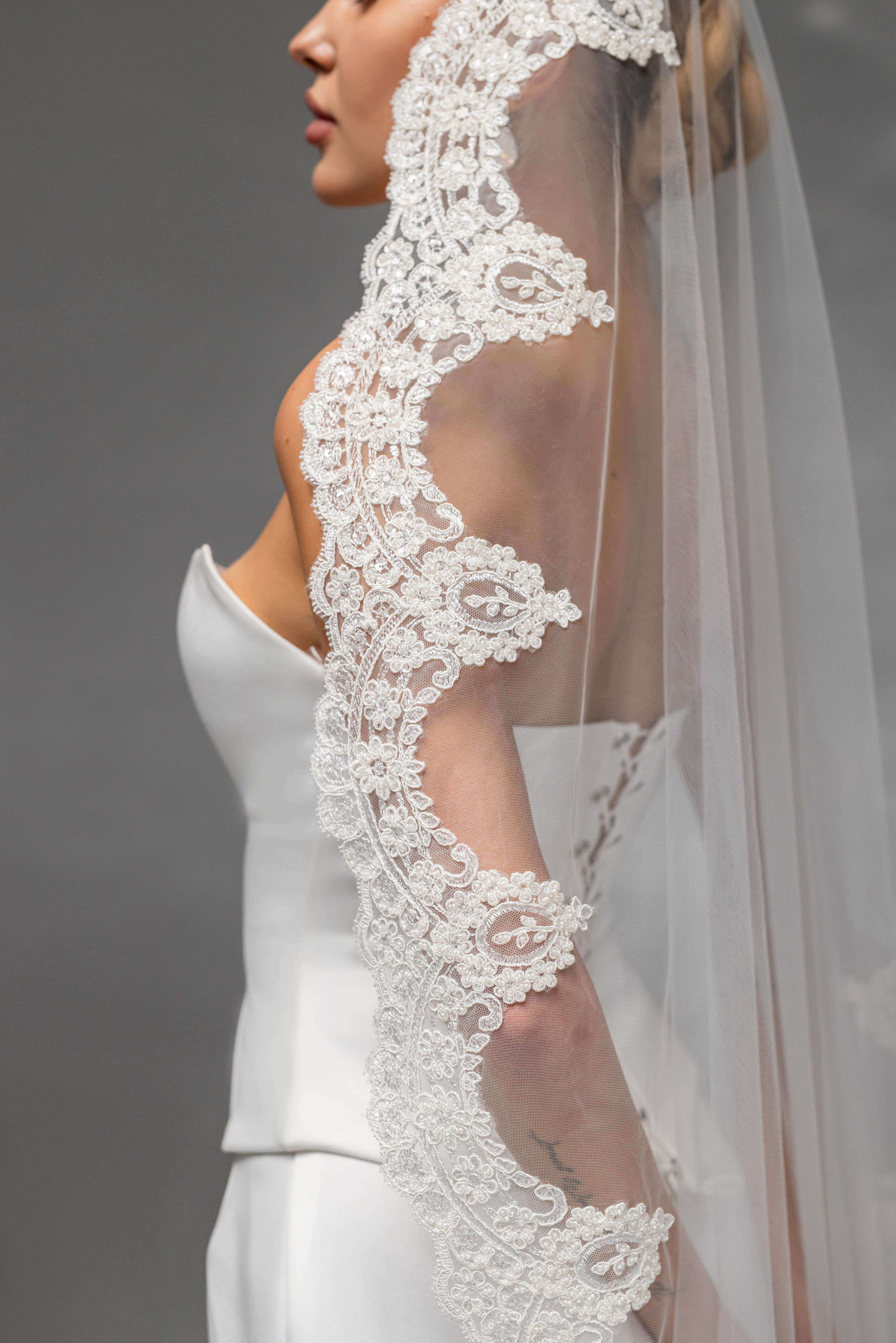 Soft Floor-Length Bridal Veil with Embroidered Lace