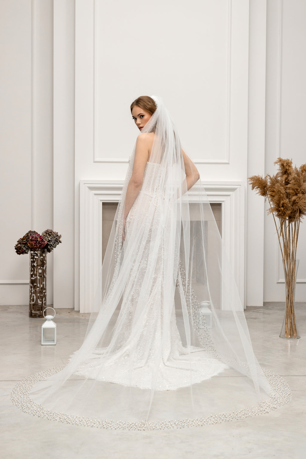 Chapel-Length Bridal Veil with Pearls and Crystals