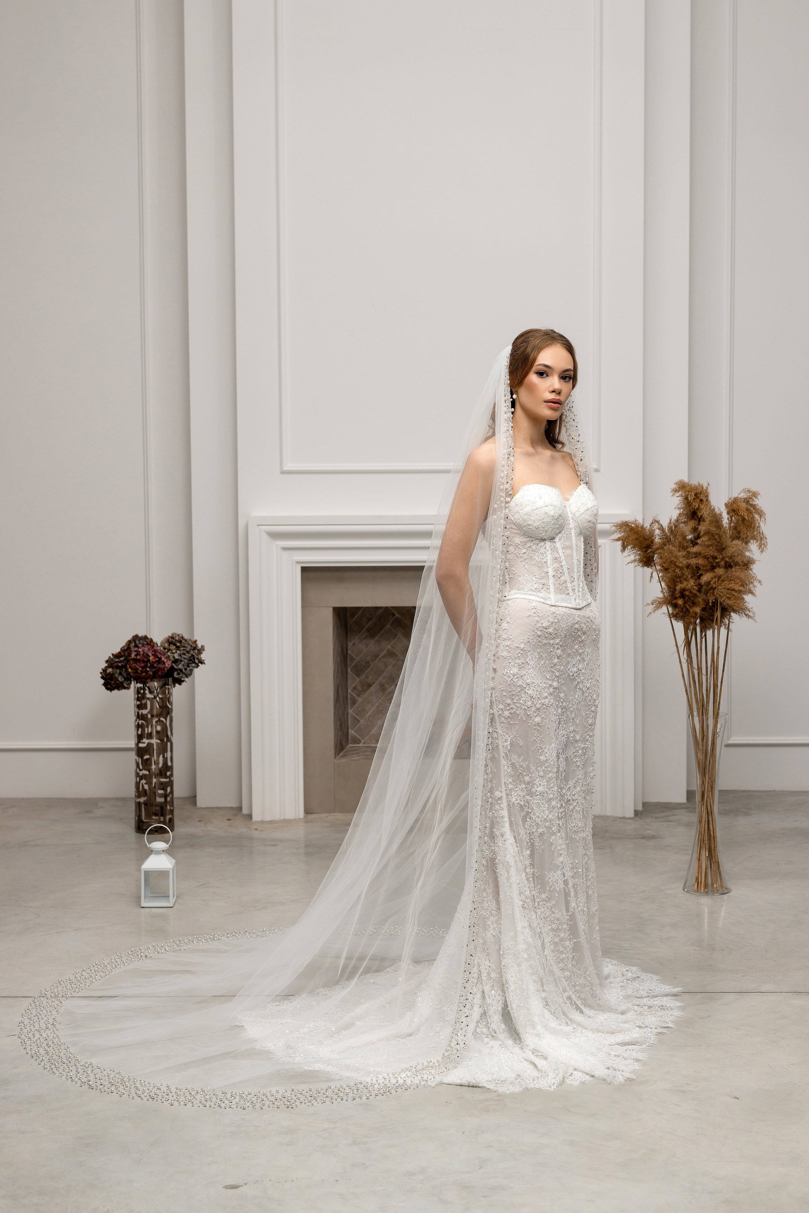 Chapel-Length Bridal Veil with Pearls and Crystals