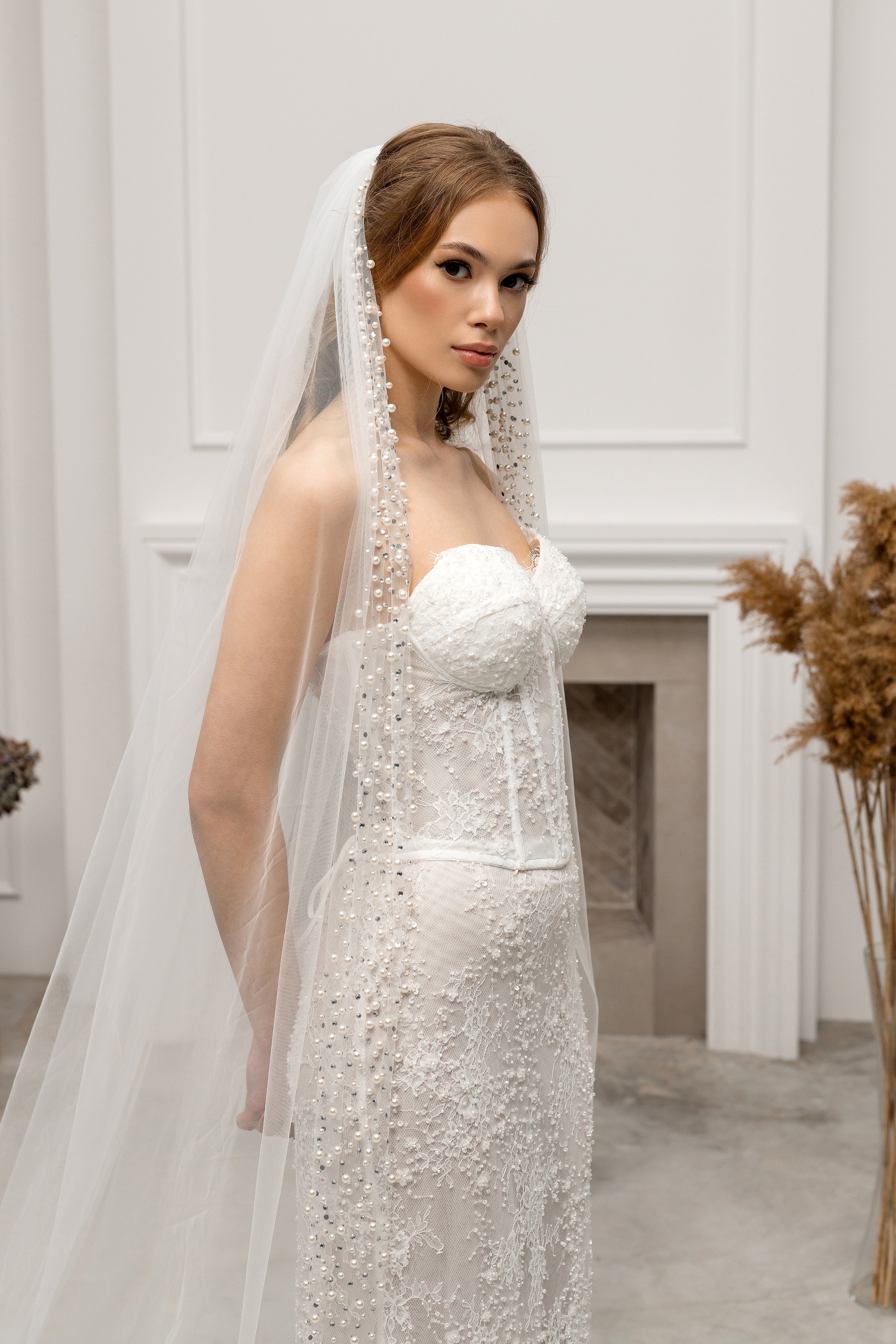 Chapel-Length Bridal Veil with Pearls and Crystals