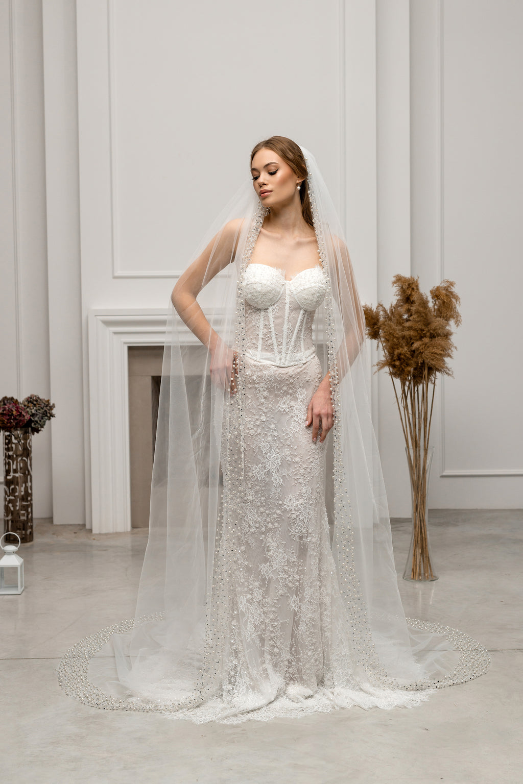 Chapel-Length Bridal Veil with Pearls and Crystals