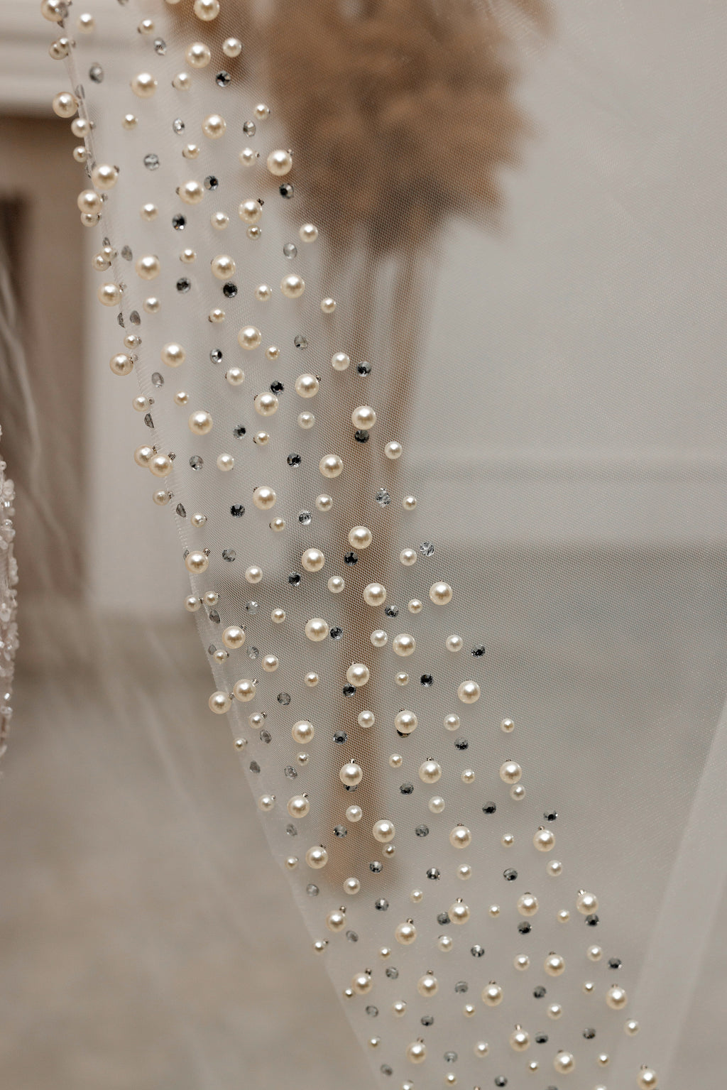Chapel-Length Bridal Veil with Pearls and Crystals